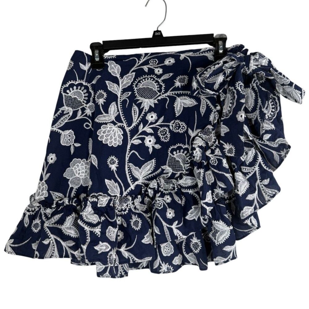 Waimari Womens Floral Embroidered Blue Wrap Skirt Sz M Cottagecore Feminine